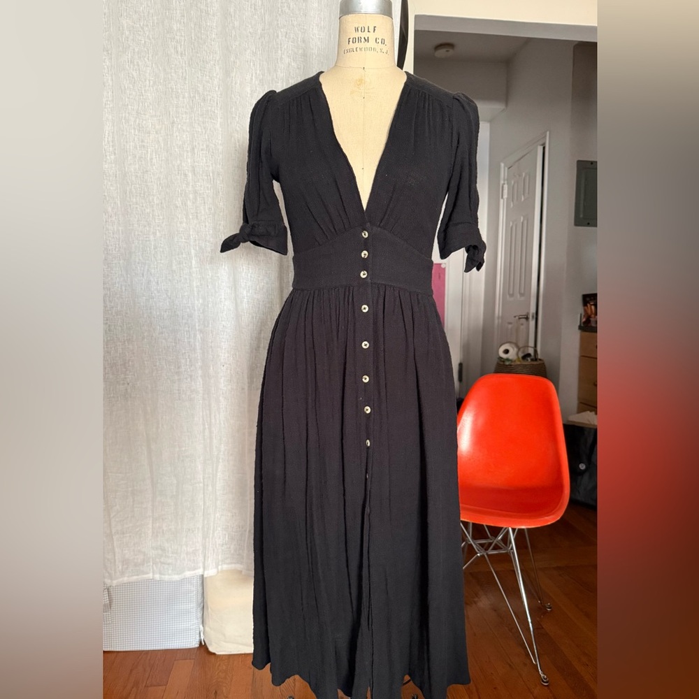 Classic Black Button-Front Women's Midi Dress